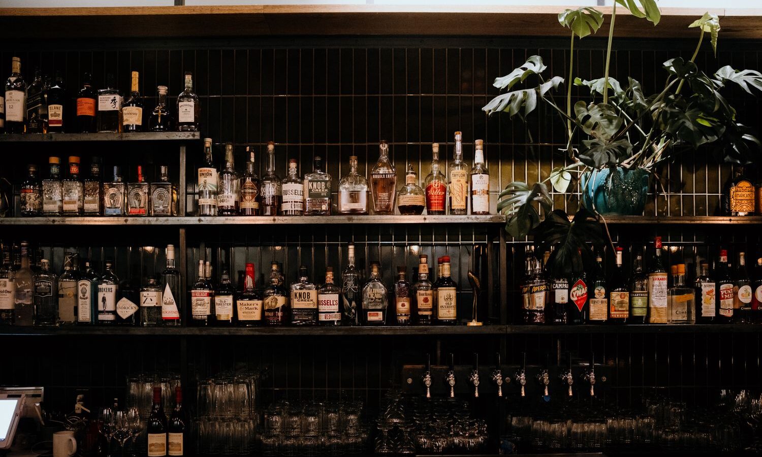 Garrafas de bebidas organizadas em prateleiras de um bar