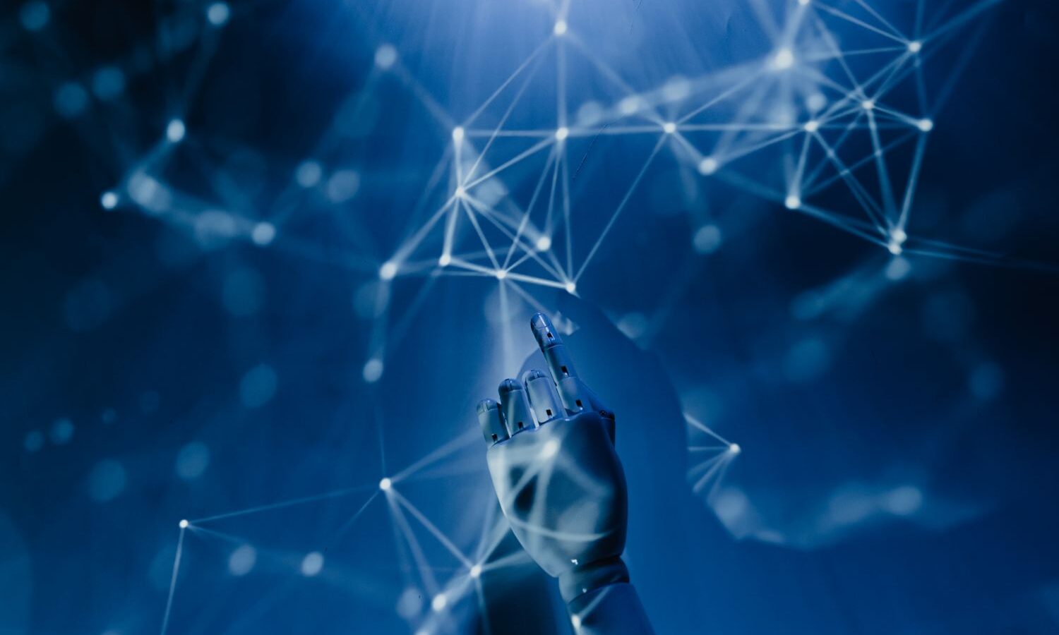 Rede de pontos luminosos representando inteligência artificial