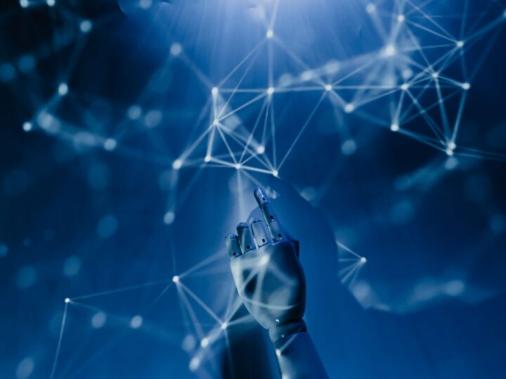 Rede de pontos luminosos representando inteligência artificial